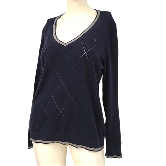 Tommy Hilfiger Navy Blue Perforated V Neck Sweater size Large - Picture 3 of 8